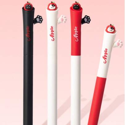 4pcs Cute Apple Mew Cat Paw Clicker ST Gel Pen, 0.5mm Quick-Dry Black Ink, Kawaii Hide-And-Seek Design Writing Pen For School Exam & Signature