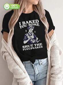 女士标准图案印花T恤，黑色，100%纯棉，适合夏季穿着，休闲棉质T恤 - 黑色 - 查看 5