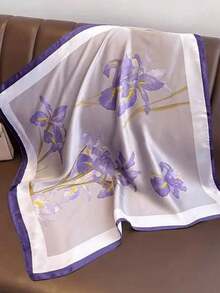 1 pieza Pañuelo cuadrado de 68 cm (26.77 pulgadas) con estampado de seda sintética, accesorio de moda para mujer, pañuelo multifuncional transpirable para la cabeza y el cuello - Morado - Ver 2