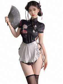 改良版中国风旗袍刺绣女仆装角色扮演服装，包括：1件旗袍+2件发饰+1件围裙 - 黑色 - 查看 8