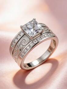 This Wide Faced Ring Features A Square Main Piece, Set With A Row Of Sparkling Rhinestones And Engraved With A Ring Arm Design - Suitable For Festive Occasions Such As Independence Day And Thanksgiving In The United States, Presenting A Luxurious Retro Style, And Is A Women's Jewelry Accessory - Multicolor - View 10