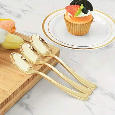 10/20/25/50/75/100/200pcs Gold Reusable Cutlery Set, Includes Forks, Spoons, Cake Forks, Dessert Spoons, Salad Forks, Pasta Forks & Spoons, Suitable For Birthday, Wedding, Party, Family Gathering, Team Building, Outdoor BBQ, Camping, Banquet, School Supplies, Graduation Ceremony, Holiday Party And More Occasions