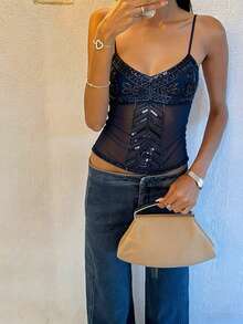Women's Solid-Color Slim-Fit Rhinestone-Embellished Camisole - Women's Summer Casual, Versatile, Vacation  Street-Style Tank Top - 藍色 - 查看 3
