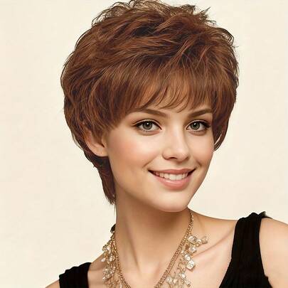 优雅巴西真人发假发，女士款，无胶棕色短款精灵刘海，玫瑰网帽（4#棕色），层次感直发，机器制作，适合日常佩戴，用途广泛，高品质，适用于派对、新年造型、韩流、K-Pop风格、角色扮演、婚礼、节日等场合。