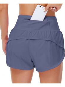 Womens High Waisted Running Shorts Quick Dry Athletic Workout Shorts With Mesh Liner Zipper Pockets - 藍灰色 - 查看 6