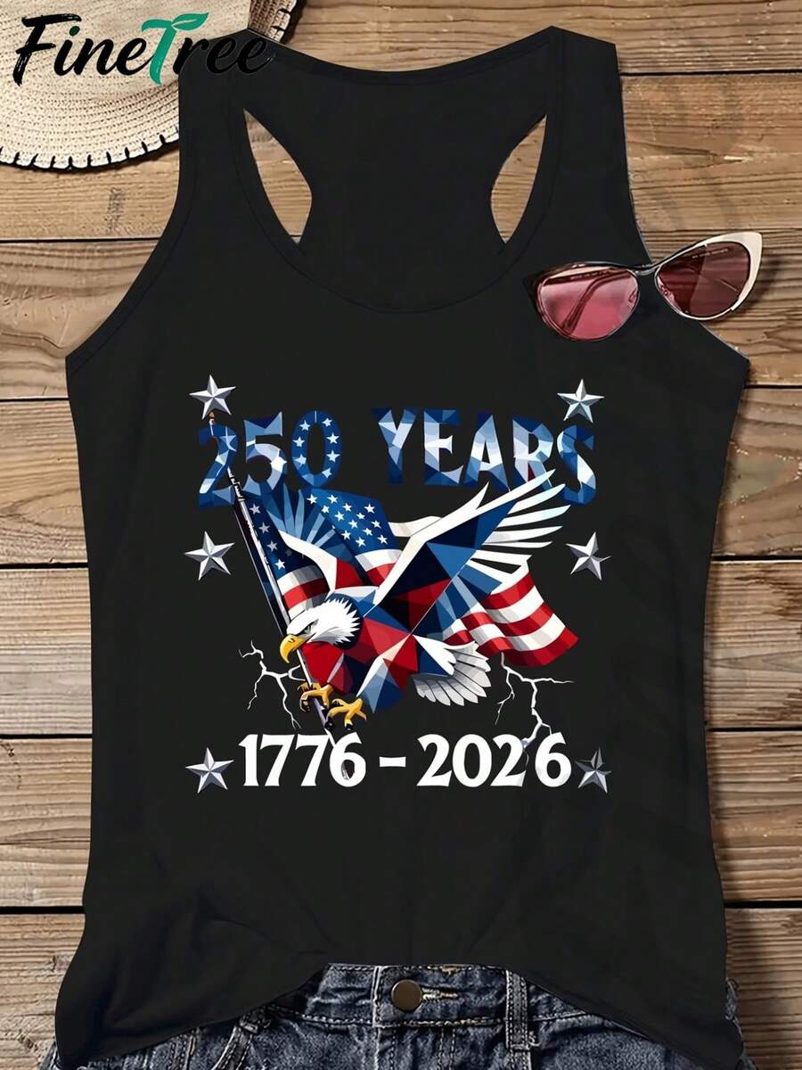 FINETREE Women's Crew Neck Tank Tops Crafted From Soft, Skin-Friendly Fabric, Perfect For Daily Wear And Various Occasions. An Ideal Gift For Spring Festival, Valentine's Day, St. Patrick's Day And The World Cup-250 Years Independence Day Tank Top Patriotic Stars And Stripes Design For Women Celebration 1776 To 2026 Fourth Of July Event Wear - 黑色 - 查看 1