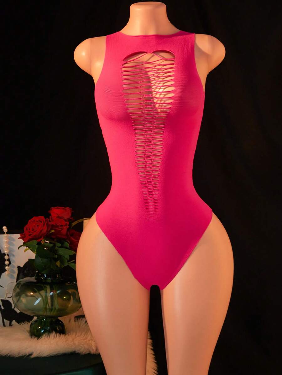 1 bộ đồ lót gợi cảm dành cho nữ, áo liền thân lưới, khoét rỗng, không tay, kiểu bikini ôm sát, trang phục gợi cảm cho các bữa tiệc, đóng vai trò trong ngày Valentine. - Màu Hồng Tươi - Xem 1