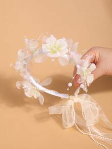 1pc Ethereal Flower Crown With Long Ribbons Hair Hoop, New Fairy Style Headband, Non-Tight Flyaway Hair Accessory - White Green - View 2