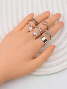 22/33/44pcs/Set Exquisite Fashion Elegant Unisex Rings With Rhinestones Hollow Design And Faux Pearls, Romantic Date Gift, Daily Wear Jewelry - Artificial Pearl Rhinestone Silver Pinky Ring - View 7