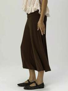 Women Y2K Cropped Wide Leg Pants, Retro Horizontal Stripe Polka Dot Print Fold Over Waistband Stretchy Knit Culottes For Streetwear Daily Outings - 深棕 - 查看 3