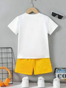 2pcs/Set Boys' Summer Excavator & Number Print Short Sleeve T-Shirt + Shorts, Casual Fashionable Style, Funny Pattern, Suitable For Outdoor Sports, Soft & Breathable, Great For Children - White - View 2