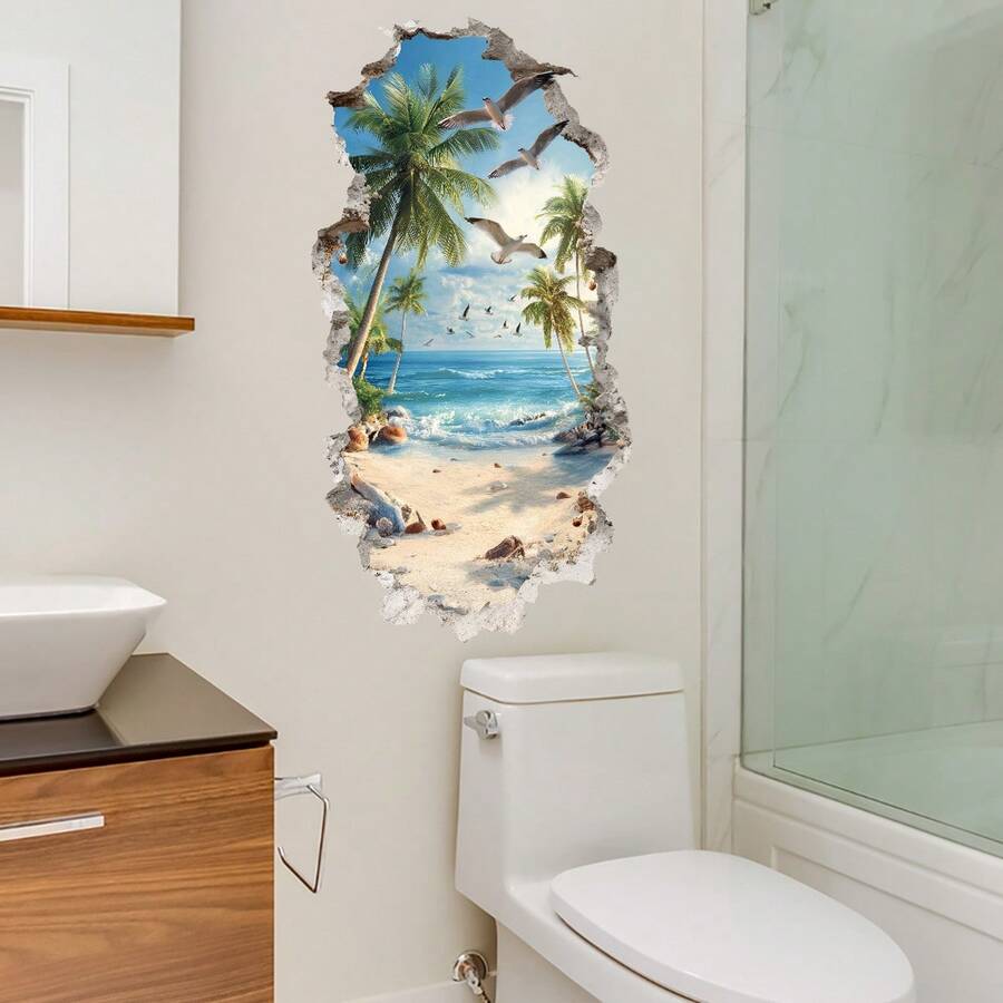 1pc Tropical Resort Wall Sticker, Delicate Hand-Painted Island Shapes, Blue & Green Color Contrast, Creates A Fresh Home Ambiance - Multicolor - View 1