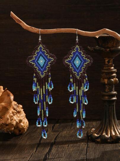 SOUL BEADING Handmade Boho Beaded Earrings, Vacation Style, Blue & Brown Seed Beads, Geometric Rhombus Shape, Teardrop Tassel Pendant, Women's Earrings, Tassel Earrings, Handmade Earrings, Patterned Earrings, Suitable For Women's Daily, Vacation, Party, Holiday Wear, Versatile Gift