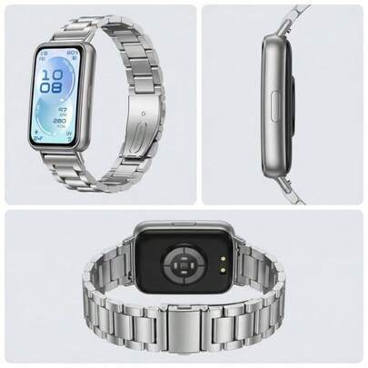 这款三珠不锈钢金属表带配有拆卸工具，透气舒适，防水易戴，适用于华为手环 11/11 Pro/10/9/8/7/6，华为手环 Fit4/Fit4 Pro/Fit3/Fit2/Fit，男女皆宜（仅出售一条表带和拆卸工具，不含手表本体）。