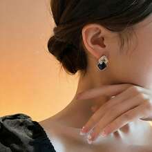 1 Đôi bông tai bạc S925 cao cấp hình vuông màu đen đính đá Cubic Zirconia, món quà trang sức thanh lịch dành cho phái nữ. - Vàng - Xem 4