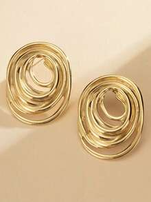 1 Pair Minimalist Vintage Exaggerated Oval Spiral Design Stainless Steel Stud Earrings, Perfect For Women's Daily Wear, Party Outfits And Holiday Gifts - Gold - View 6