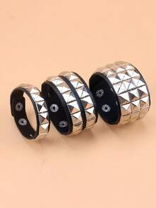 3件套PU皮革方形铆钉朋克风手镯，男女通用时尚手镯，哥特朋克摇滚风手镯，万圣节派对配饰 - 款式1 - 查看 2