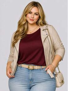 Blusa Plus Size modelo Elegante  feminina premium Manga Morcego Básica em Viscolycra Gola Redonda Confortável Casual - Vinho - Visão 4