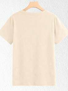Playera estampada, con diseño de moño estampado, casual, minimalista, cuello redondo, manga corta, verano, uso diario - Beis - Ver 2