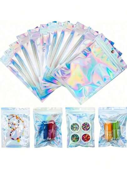 1/50个全息可重复密封包装袋，可爱彩色全息拉链密封防异味塑料袋，适用于食品储存、珠宝收纳、小型企业用途、家居收纳必需品、新年、情人节、母亲节、父亲节、毕业典礼、返校礼物