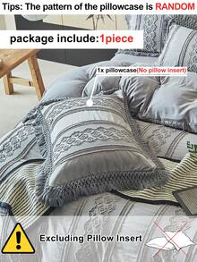 1pc Bohemian Style Gray Geometric Striped Pattern Tufted Pillowcase With Tassel, Vintage Farmhouse Decor Polyester Decorative Throw Pillow Cover, Suitable For All Seasons, Machine Washable, Pillow Insert Not Included - Dark Grey - View 4