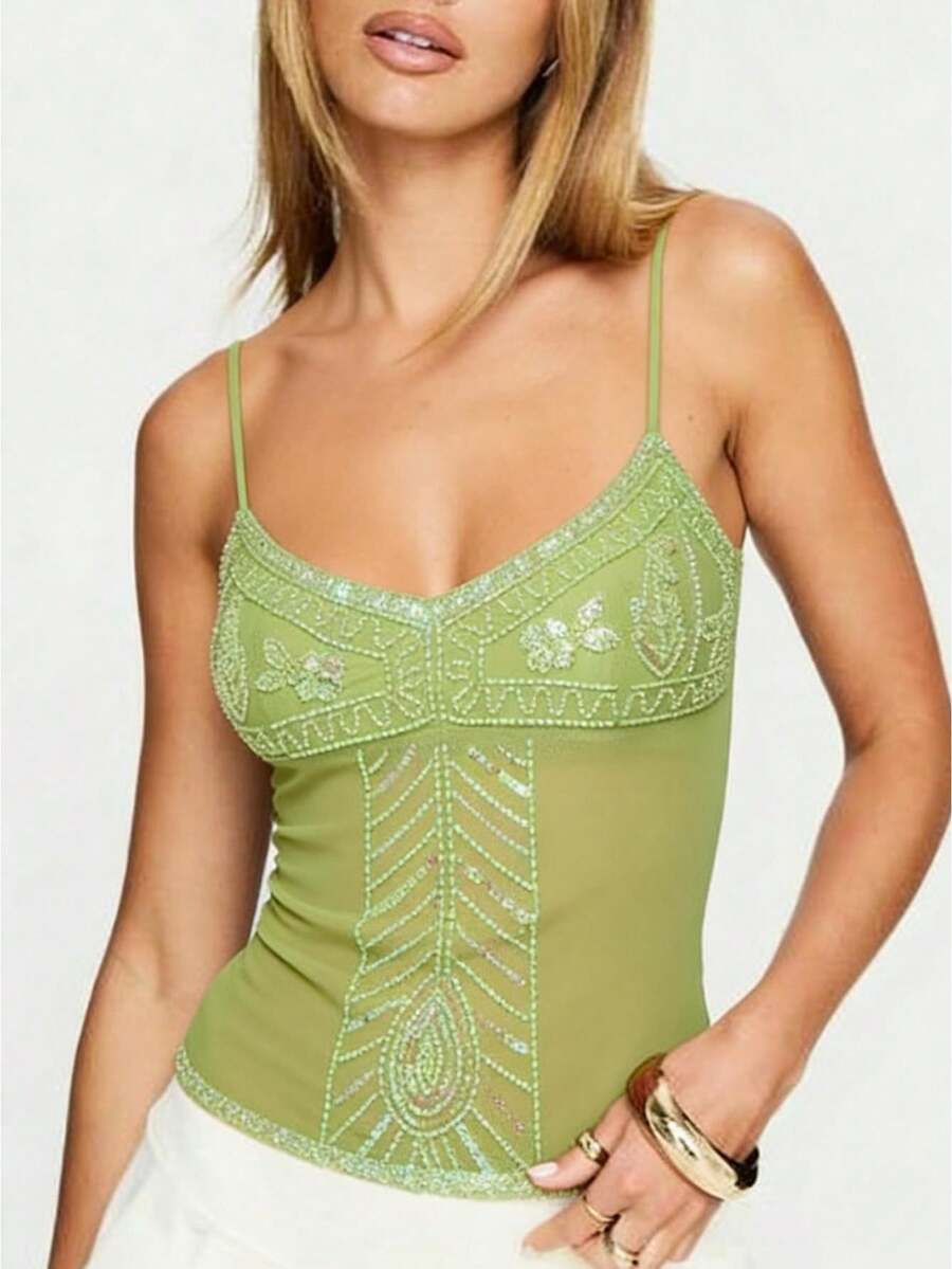 Women's Solid-Color Slim-Fit Rhinestone-Embellished Camisole - Women's Summer Casual, Versatile, Vacation  Street-Style Tank Top - 薄荷綠 - 查看 1