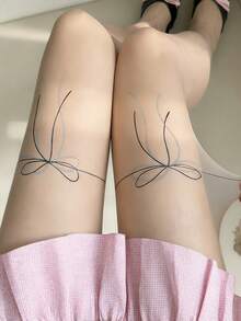 1双女士春夏可爱蝴蝶结印花超薄透明连裤袜，裸色透明丝滑连裤袜，甜美洛丽塔风格丝袜，适合日常和约会穿着 - 彩色 - 查看 2