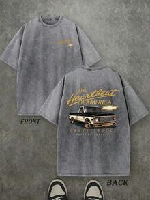 Vintage T Shirts Men, Plus Size The Heartbeat Of America Chevrolet Pickup Graphic, 230g Washed Cotton Crew Neck Short Sleeve T-Shirt, Distressed, Streetwear Loose, Big And Tall, Summer, Free Shipping - 深灰色 - 查看 2