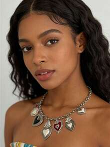 1件哥特式圆形链条火焰心形吊坠项链，邪眼饰品，黑红配色，万圣节珠宝礼物，情人节礼物 - 愛心 - 查看 3