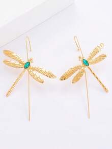 1 Coppia di orecchini a forma di libellula in rame con texture di design originale punk, orecchino a polsino in stile retrò di lusso a forma di insetto per donna, accessori gioielleria - Oro e verde - Visualizzare 5