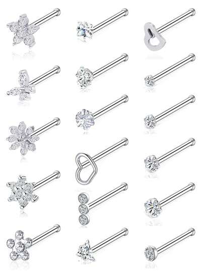 17Pcs Minimalist & Dazzling L/S/B Bone Screw Shaped Style Stainless Steel Hypoallergenic AAA+ Cubic Zirconia (Snowflake/Butterfly/Heart/Flower) Detail Nose Studs For Unisex Daily Wear & Party