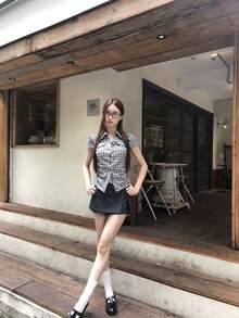 Áo sơ mi nữ mùa hè mới về, kiểu dáng vai thường, kẻ caro, áo kiểu Hàn Quốc ôm dáng. - Màu xanh lam - Xem 5