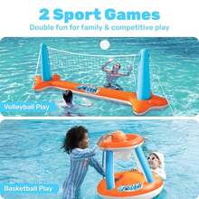 Inflatable Pool Float Set Volleyball Net and Basketball Hoops Floating Swimming Game Toy for and Adults Summer Floaties Volleyball Court 105"x28"x38" Basketball (27.6"x23") L-Orange - Naranja - Ver 4
