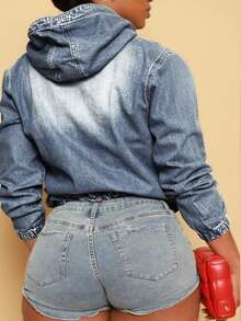 Women's Denim Hooded Jacket, A Casual Multipurpose Top With Hem And Side Pockets, A Fashionable Spring/Autumn Hooded Sweatshirt - Medium Wash - View 2