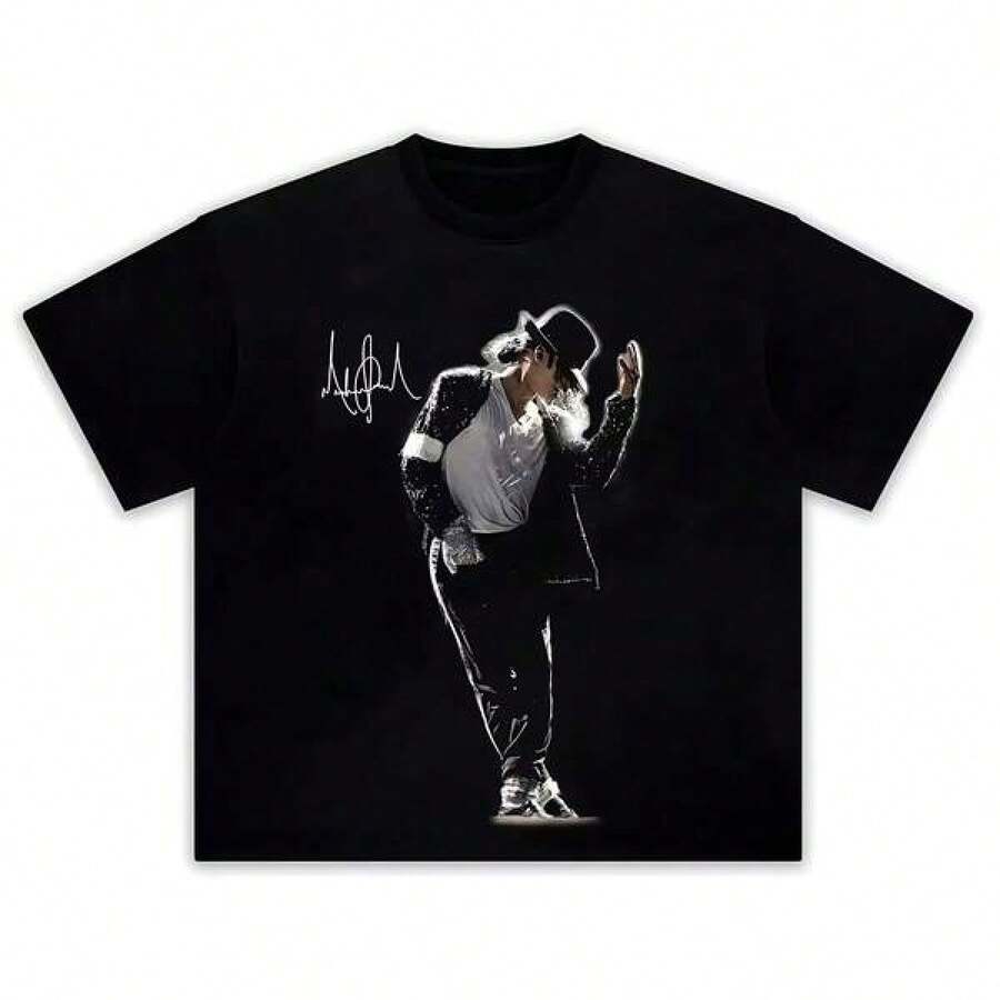 Graphic-Shirt Cotton Tees Size PlusSinger MJs Michaels Jackson Portrait Graphic 100%Cotton T Shirt Men's Retro Fashion Summer Unisex Hip Hop Short Sleeve Loose Shirt ,Y2K,Oversized Shirt Men,Summer Tops - 黑色 - 查看 1