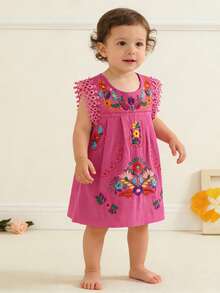 Toddler Baby Infant Girls Summer Cotton Linen Boho Dress Floral Embroidery Square Neck Lace Ruffle Fly Sleeve Sleeveless Summer Beach Sundress Vacation Bohemian Dress A-Line Dress - 玫紅色 - 查看 2