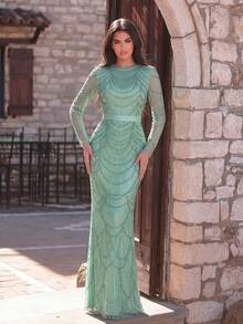 Faeriesty Elegant Mint Green Beaded Evening Gown - Long Sleeve Spaghetti Strap Dress With Intricate All-Over Embroidery, Waist Tie Design Suitable For Romantic Valentine's Date, Luxurious Black Tie Gala, And Red Carpet Events Party Wedding - Green - View 1