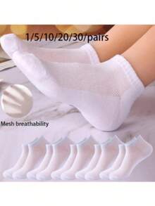 5 Pairs Women's Summer Black, White, Gray Breathable Mesh Boat Socks - White - View 7