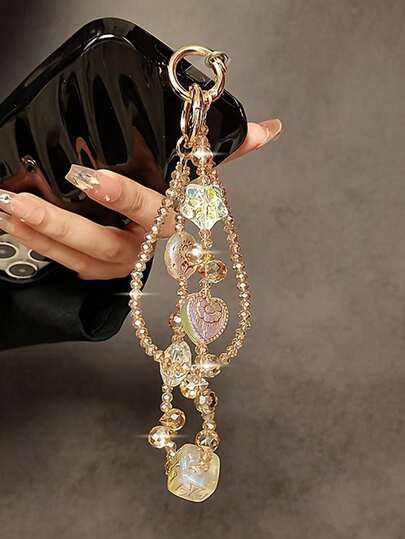 1pc Retro Short Double-Layer Beaded Wrist Strap, Champagne Color Crystal Bead Phone Charm, Dreamlike Starry Sky Phone Lanyard, Fashionable Handmade Wristlet Strap, Includes Clip-On Phone Case Holder