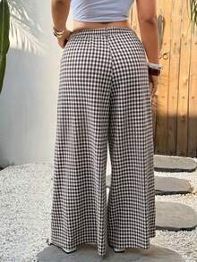 Plus Size Women's Plaid Wide Leg Pants, Suitable For Casual, Daily, Commute, Office, And Holiday Wear Spring - Mocha Brown - View 5