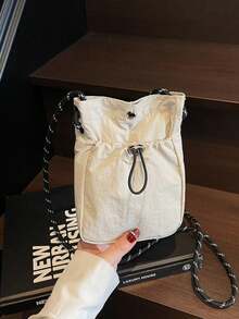 男士抽绳水桶斜挎包，尼龙迷你单肩包，编织肩带，休闲简约日常单肩包 - 彩色 - 查看 10