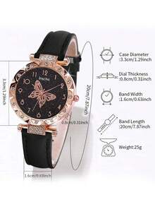 2件套简约休闲女士石英表，女士甜美梦幻风格蝴蝶石英表套装，包括黑色皮表带玫瑰金表壳蝴蝶图案女士石英表。 - 黑色 - 查看 3