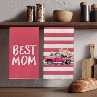 2pcs Mother's Day Truck & Flower Print Kitchen Towels, 15.7x23.6 Inches, Absorbent Dish Cloths, Soft Kitchen Towel Set, Home Decor Towels, Housewarming Gift, Suitable For Kitchen Decor, Holiday Gifts, Birthday Gifts For Friends And Mothers