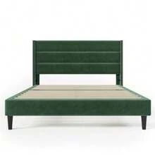 Upholstered Bed 140 X 200 Cm, Bed Frame With Slatted Base And Headboard, Upholstered Double Bed, Dark Green Velvet Fabric Cover, Timeless Modern Design, Youth Bed - Green - View 8
