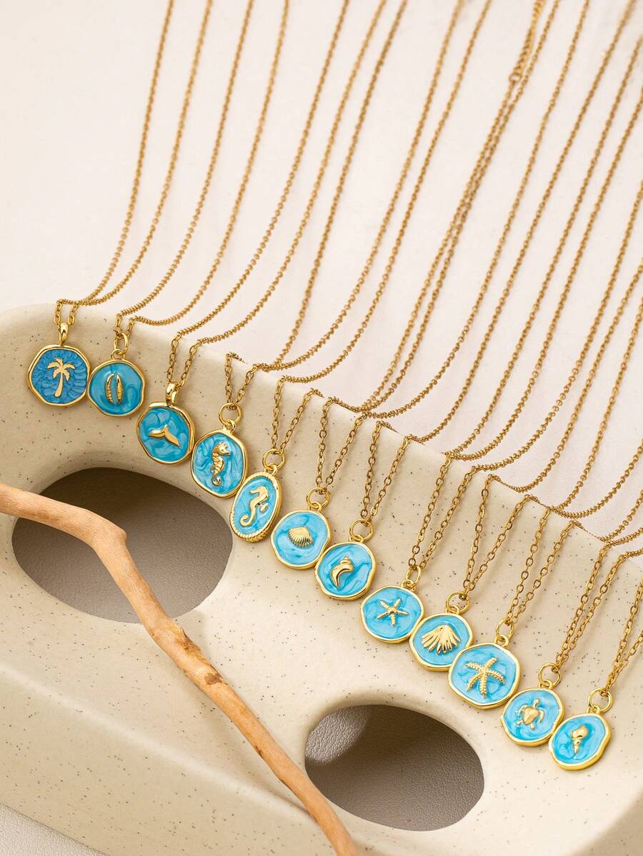 1 pieza Collar con colgante de esmalte azul con tema oceánico para mujeres - 12 estilos de encantos de playa (árbol de palma, caballito de mar, estrella de mar, tortuga) - Joyería de moda minimalista de verano para uso diario y vacaciones - Multicolor - Ver 1