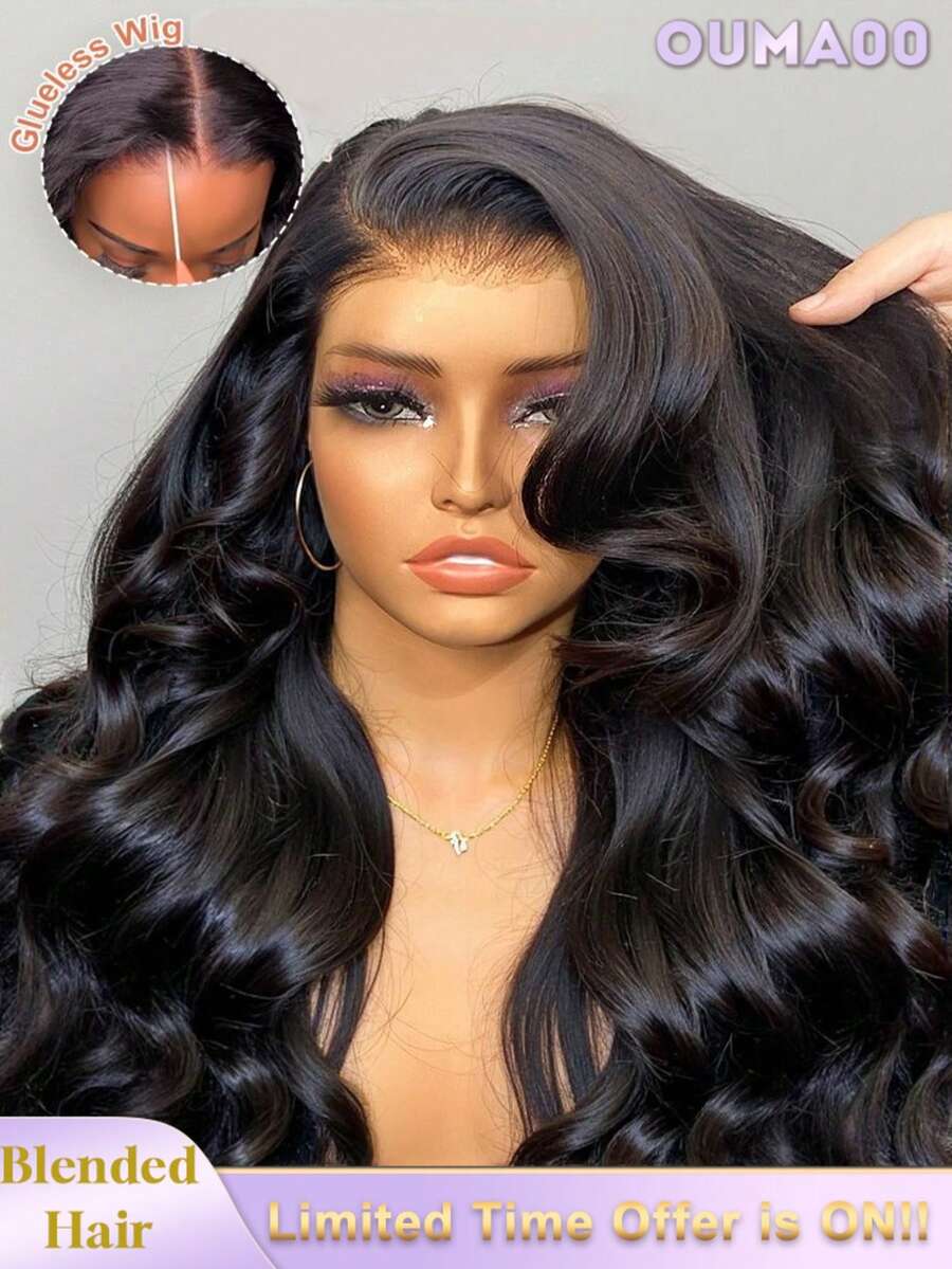 即戴即用无胶假发，波浪卷蕾丝前假发，真人混纺发丝，预先拔毛，200%密度，13x4高清透明蕾丝前额波浪卷真人混纺假发，女士款，自然黑