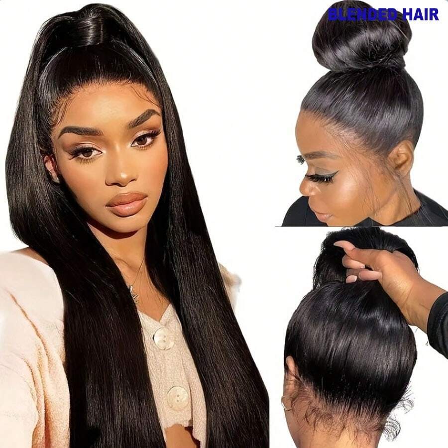 28英寸即戴即用无胶假发，13x4/13*6高清蕾丝前额长直发假发，巴西原生发假发，200%密度无胶纤维假发，女士专用，5*5/4*4蕾丝闭合长发，预先拔毛，自然发际线，日常佩戴 - 自然色&黑色系 - 查看 1