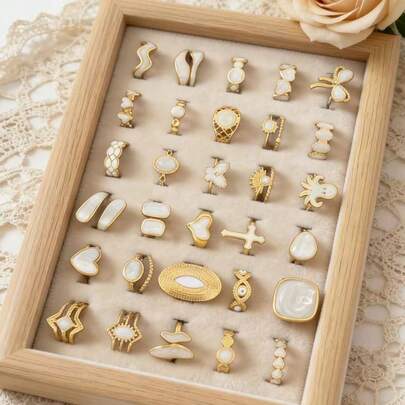 COINBUFF Assorted Multi-Piece Set Fashion Versatile Enamel Drip Glaze Stainless Steel 18K Gold Plated Non-Fading Adjustable Rings For Women (Style Not Specified)