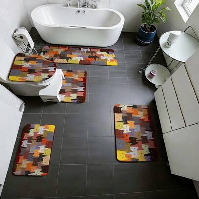 3/5件套彩色卡通猫咪印花浴室地垫套装，可爱猫咪主题浴室地毯，柔软吸水防滑耐用浴室配件 - 包括马桶座套、U型马桶垫、浴室门垫、梳妆台垫、浴缸大脚垫 - 法兰绒+记忆棉+涤纶面料 - 可水洗，防霉 - 适用于家庭浴室/酒店/儿童房/猫咪主题家居，可爱治愈系浴室装饰，四季皆宜，乔迁礼物，母亲节礼物