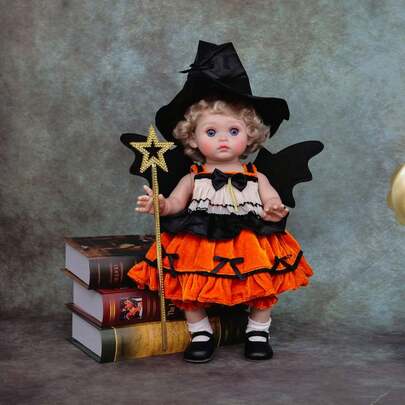 Cloveray 万圣节女巫娃娃，植发，表情生动，黑橙配色营造节日氛围，配有女巫帽和魔杖等配件，复古陶瓷可动收藏人偶，儿童节日礼物